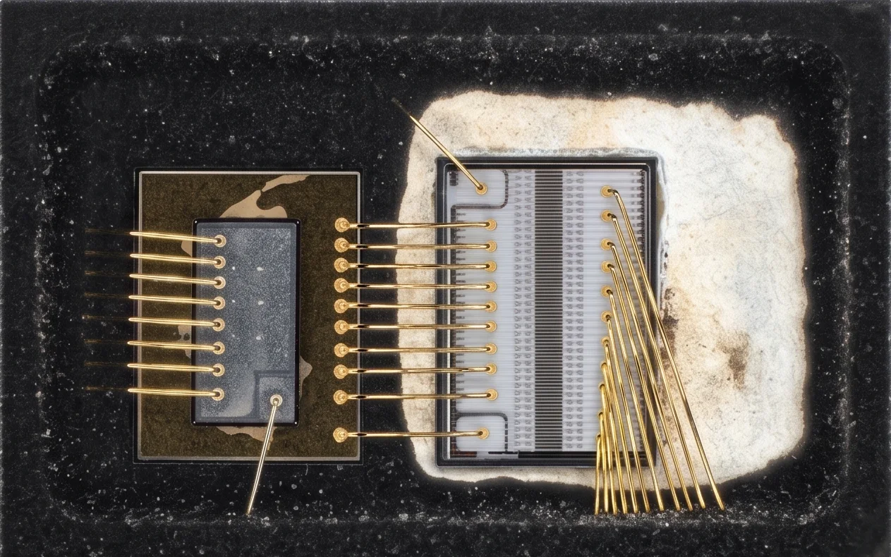 开盖后的合封封装:GaN 晶粒与 Si MOSFET 并列打线于同一腔体内